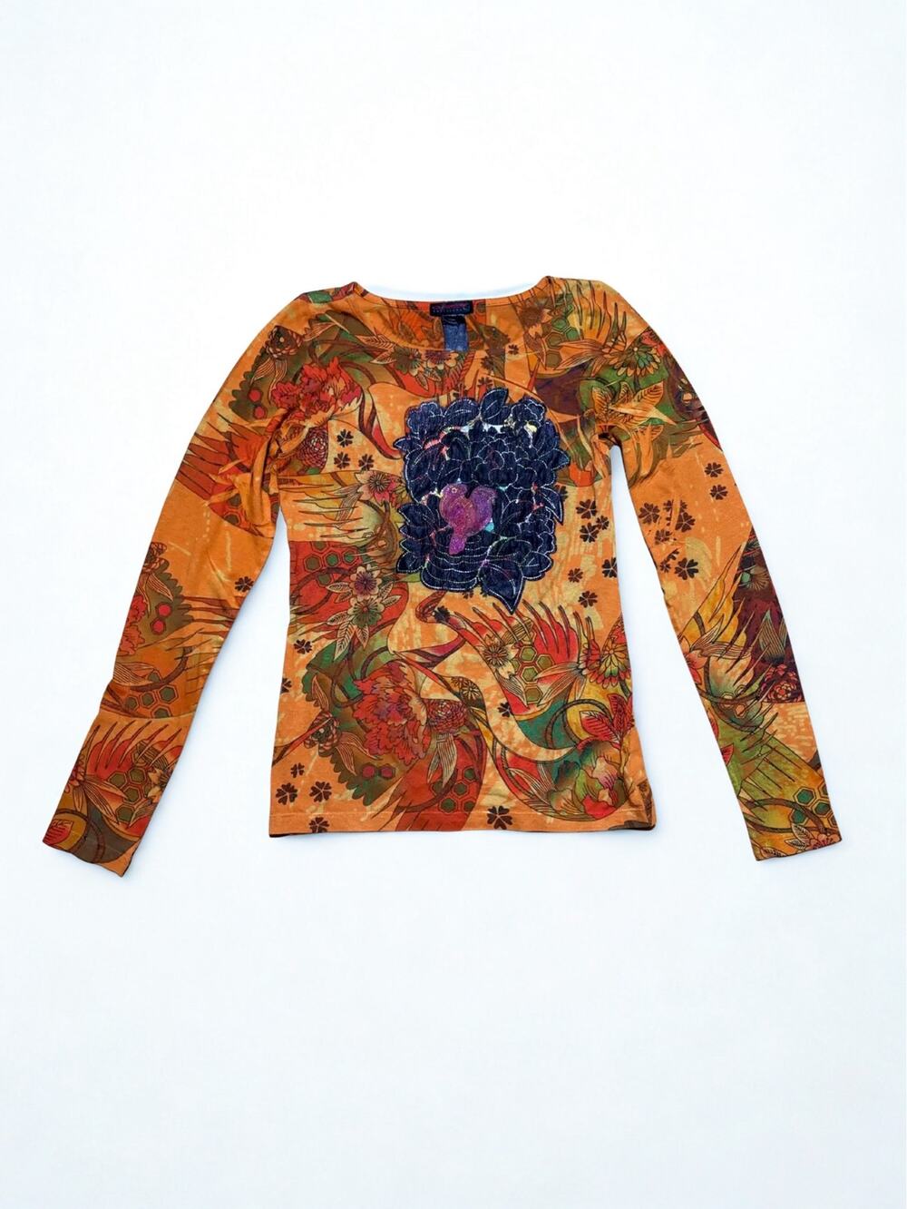 Vtg Y2K Custo Barcelona Orange Green Foliage Print Bird Appliqué Long Sleeve Top